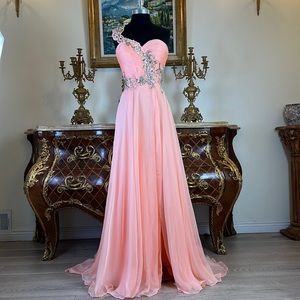 Meier Collection one shoulder embroidery beaded formal prom dress